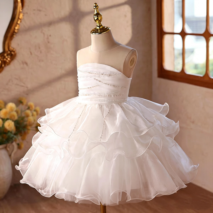 D110 White beaded ruffle tulle flower girl dress detail 1