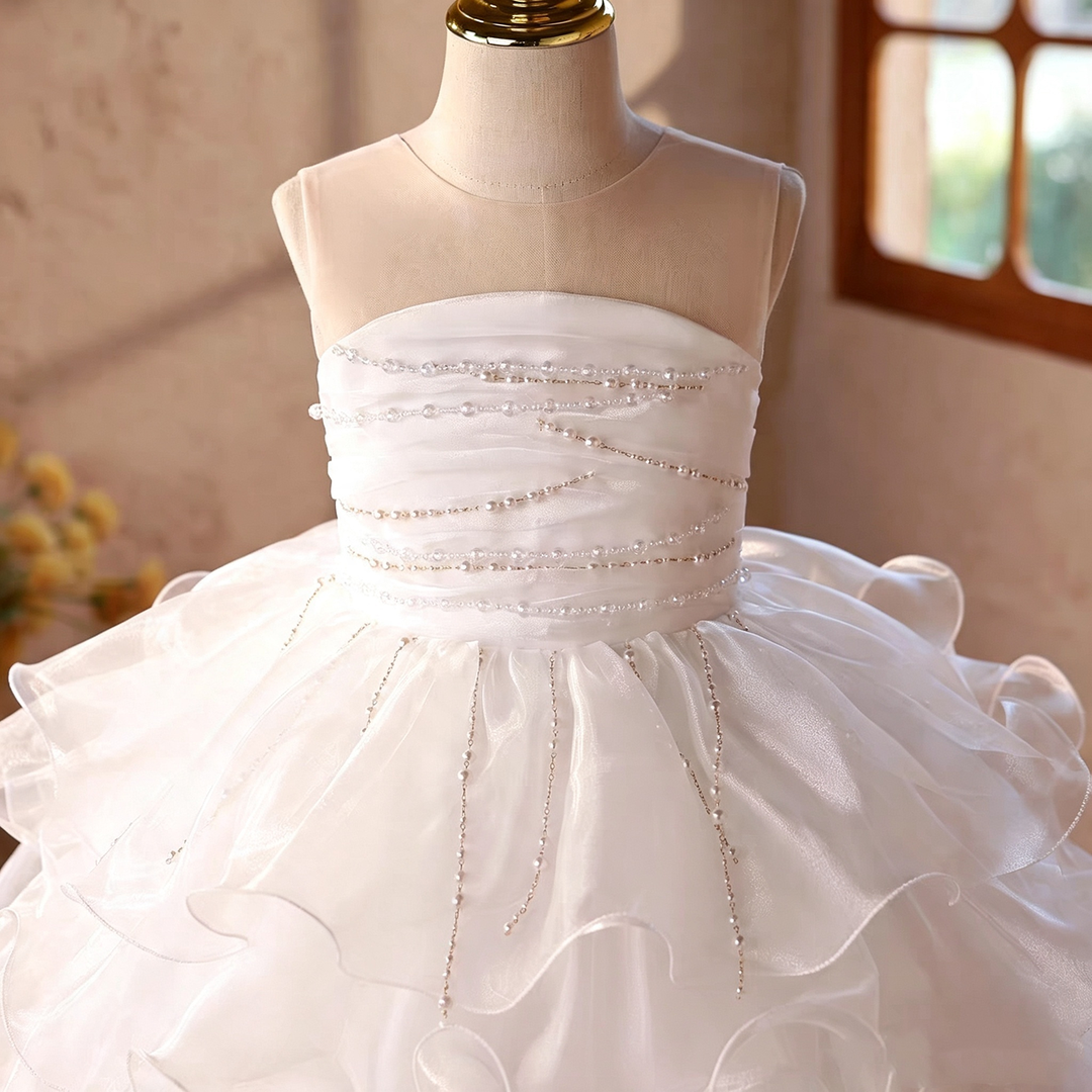 D110 White beaded ruffle tulle flower girl dress detail 2