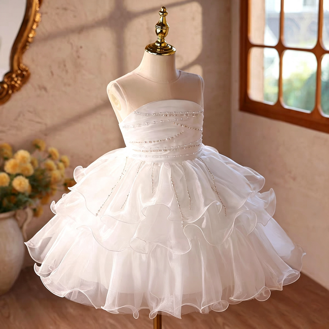 D110 White beaded ruffle tulle flower girl dress detail 3
