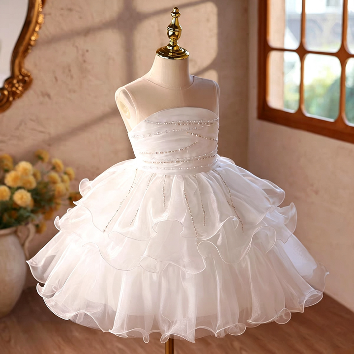 D110 White beaded ruffle tulle flower girl dress detail 3