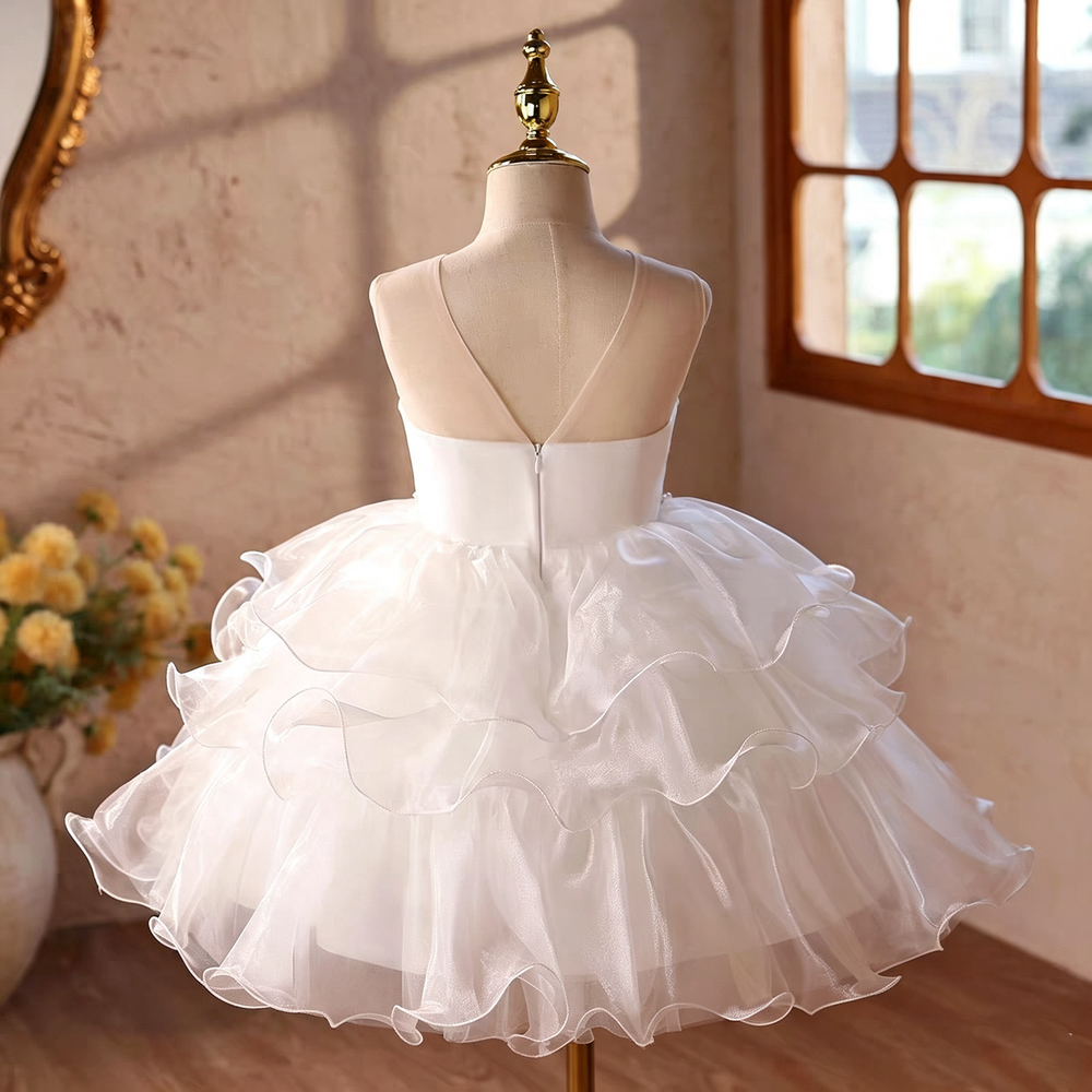 D110 White beaded ruffle tulle flower girl dress detail 4