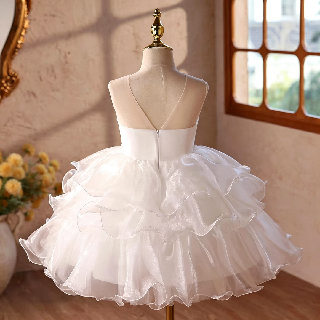 D110 White beaded ruffle tulle flower girl dress detail 4