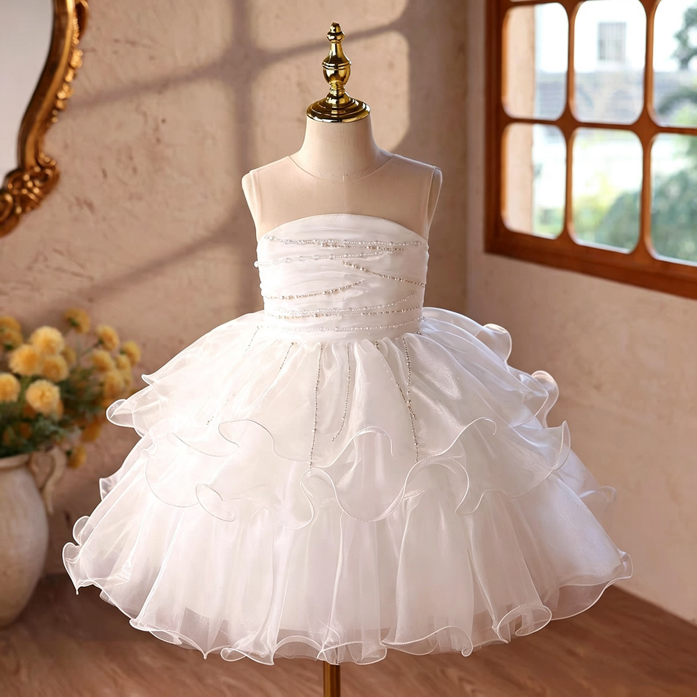 D110 White beaded ruffle tulle flower girl dress main image