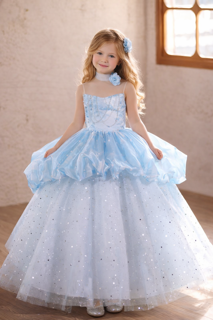 Elegant Blue Princess Girl Dress Pearl Embellished Birthday Party Gown D231
