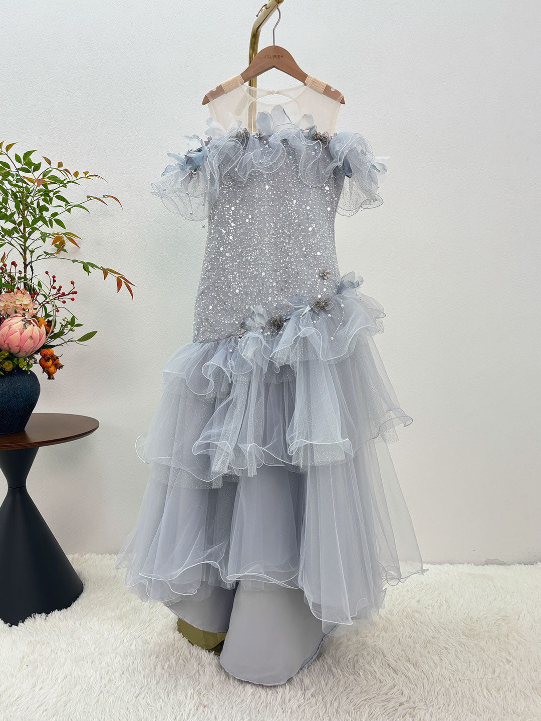 Gray Sequin 3D Floral Ruffle Mermaid Girls Pageant Dress D367