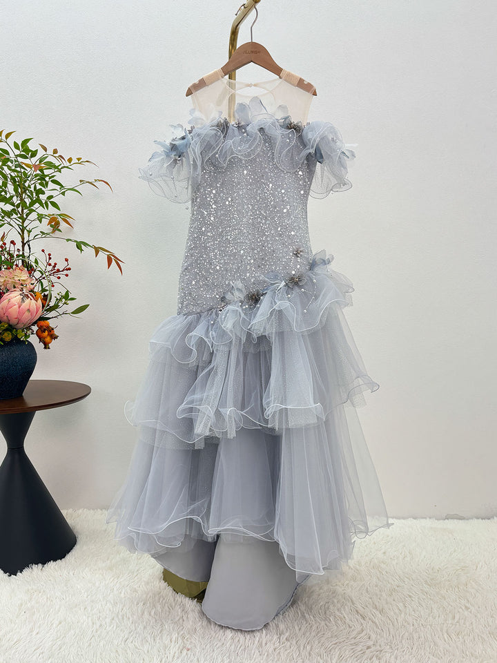 Gray Sequin 3D Floral Ruffle Mermaid Girls Pageant Dress D367