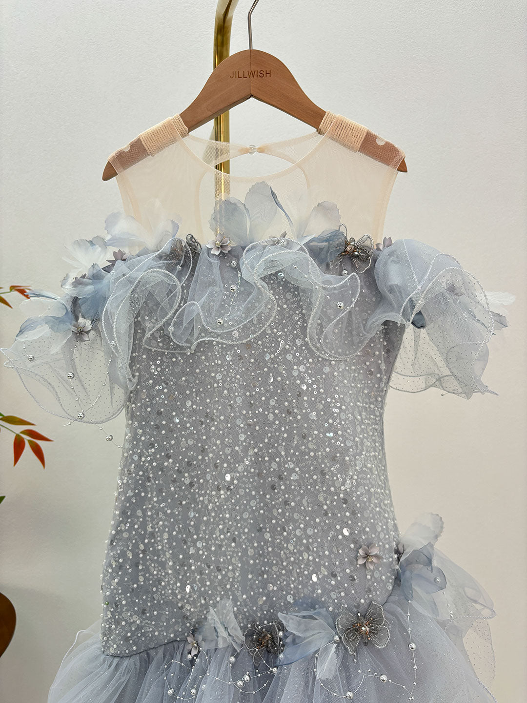 Gray Sequin 3D Floral Ruffle Mermaid Girls Pageant Dress D367