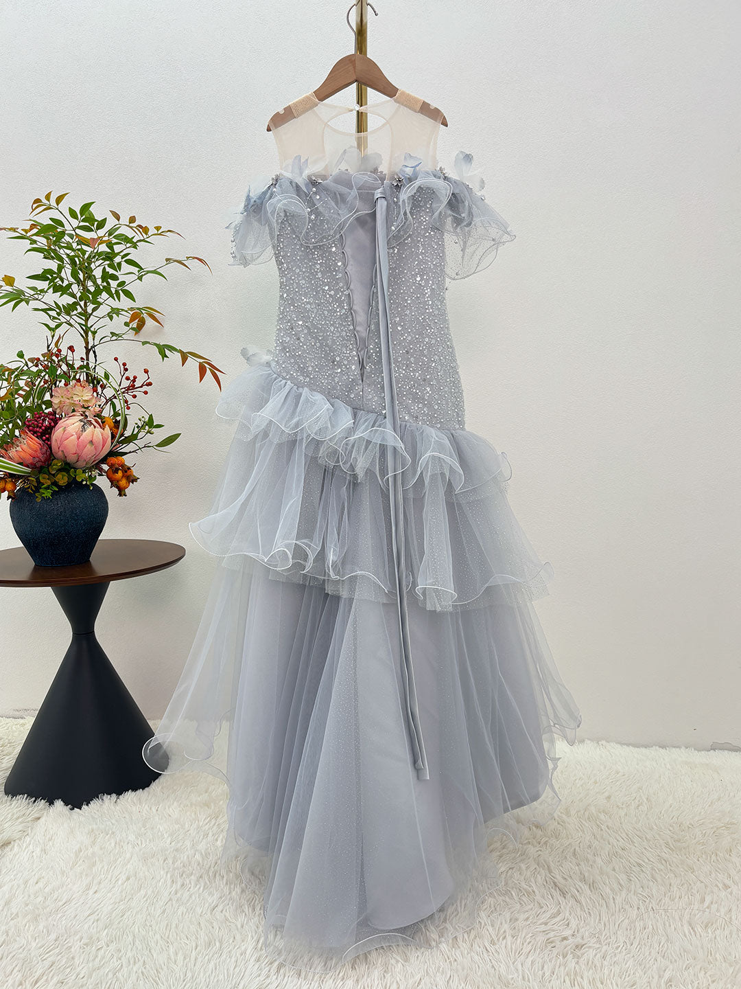Gray Sequin 3D Floral Ruffle Mermaid Girls Pageant Dress D367