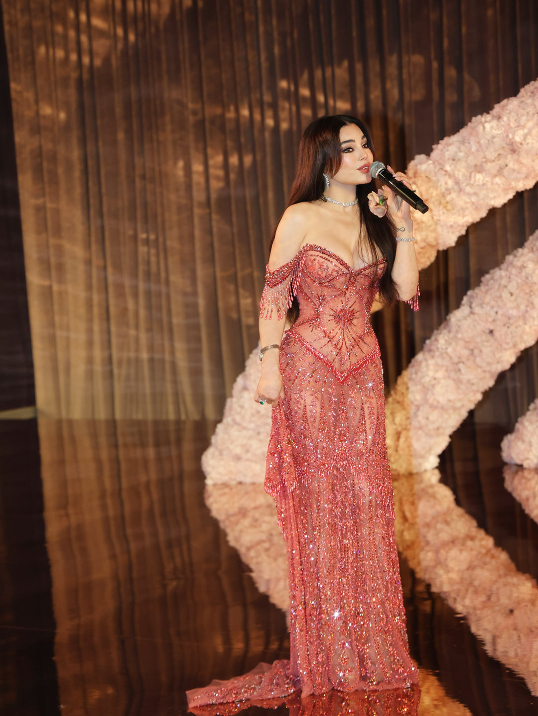 Luxury Fuchsia Off-Shoulder Beaded Tassel Mermaid Evening Dress SS516