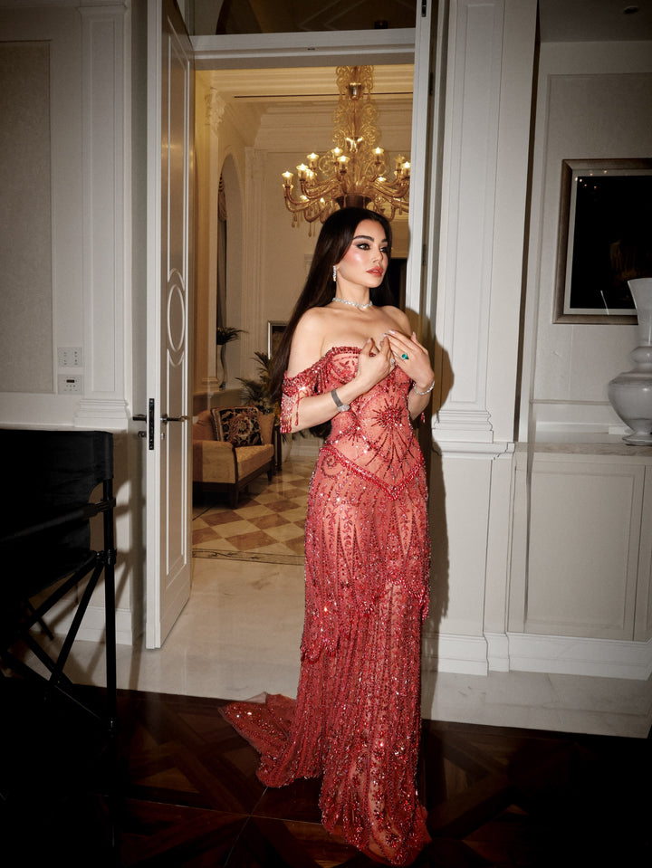 Luxury Fuchsia Off-Shoulder Beaded Tassel Mermaid Evening Dress SS516