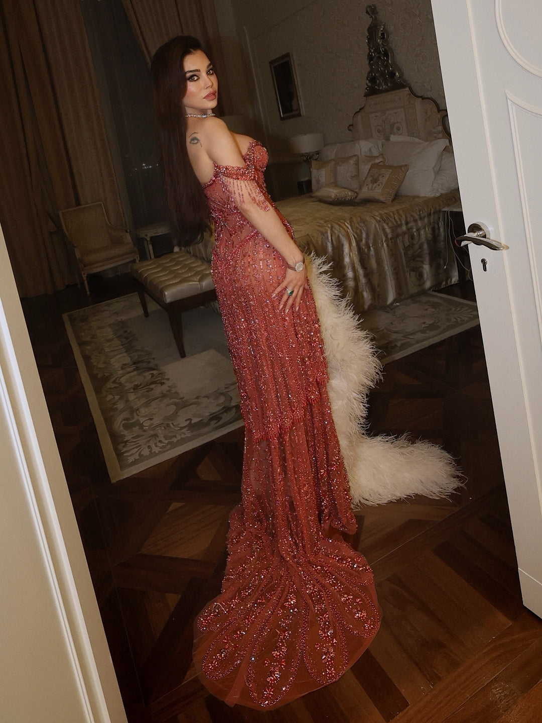 Luxury Fuchsia Off-Shoulder Beaded Tassel Mermaid Evening Dress SS516