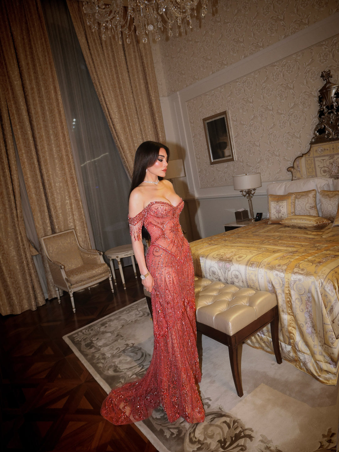 Luxury Fuchsia Off-Shoulder Beaded Tassel Mermaid Evening Dress SS516