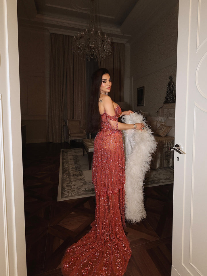 Luxury Fuchsia Off-Shoulder Beaded Tassel Mermaid Evening Dress SS516
