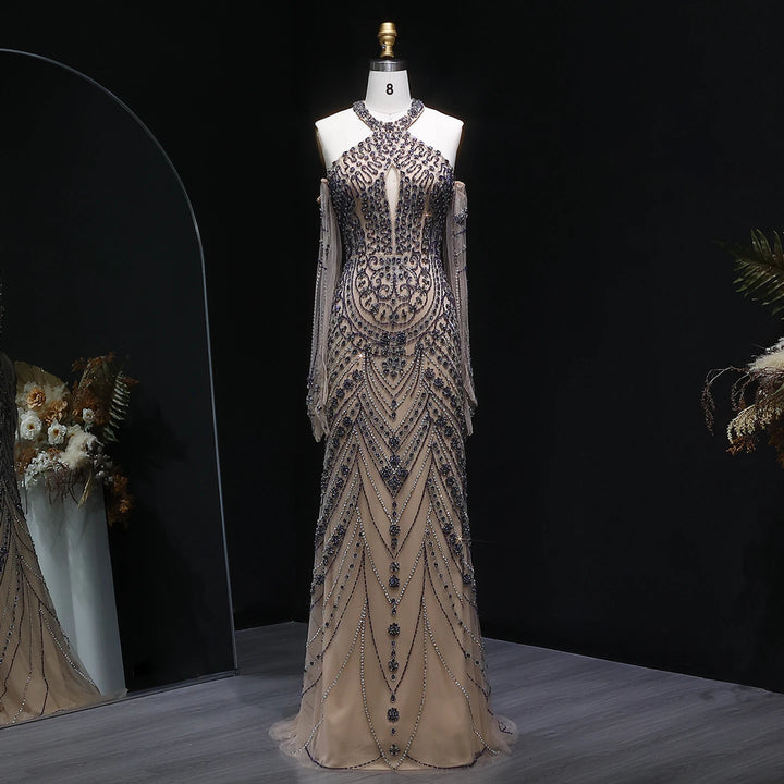 Elegant Beaded Halter Evening Gown with Matching Gloves SS118