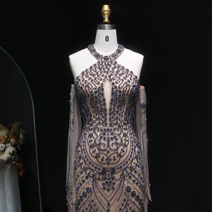 Elegant Beaded Halter Evening Gown with Matching Gloves SS118