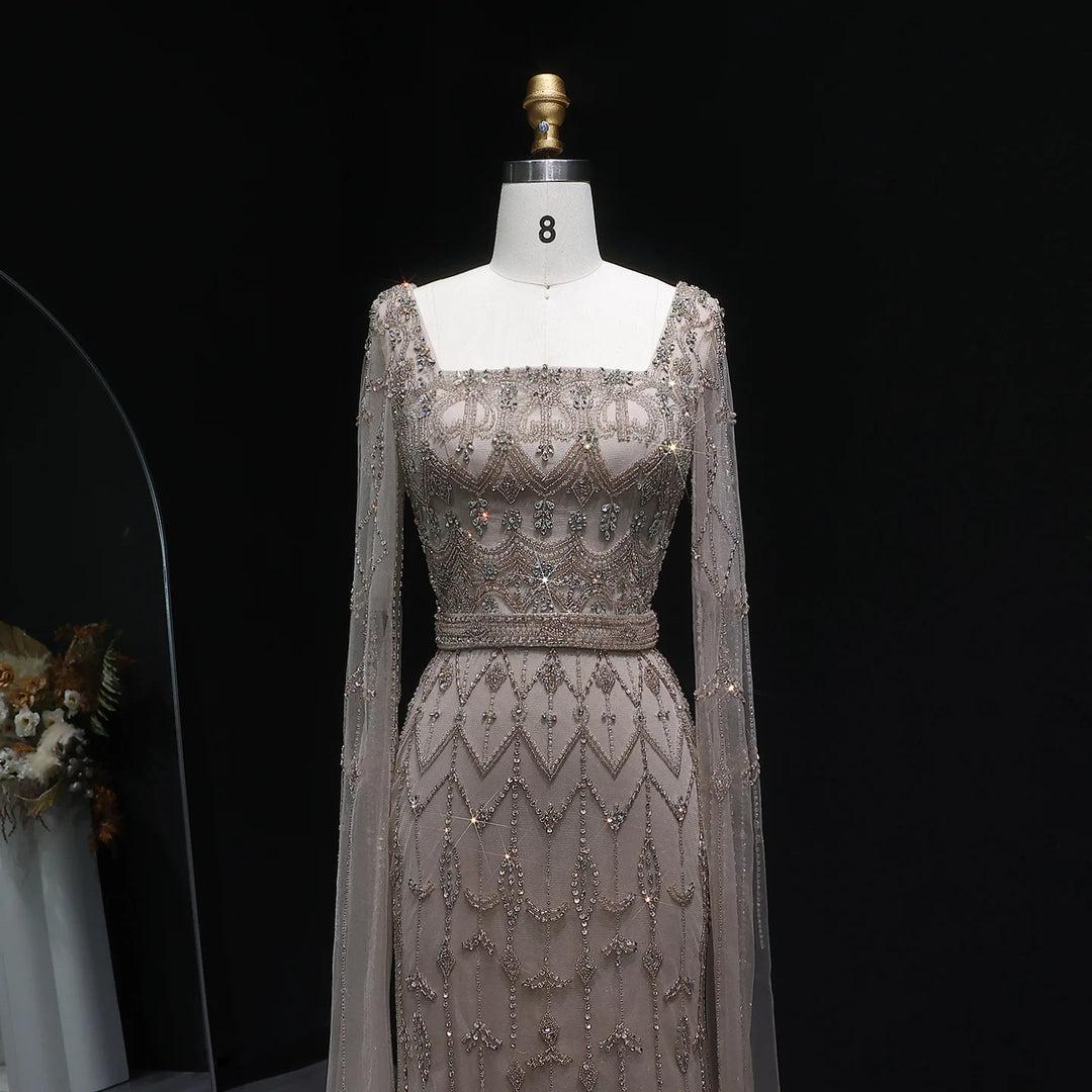 Elegant Beaded Evening Dress with Flowing Cape Sleeves SS089