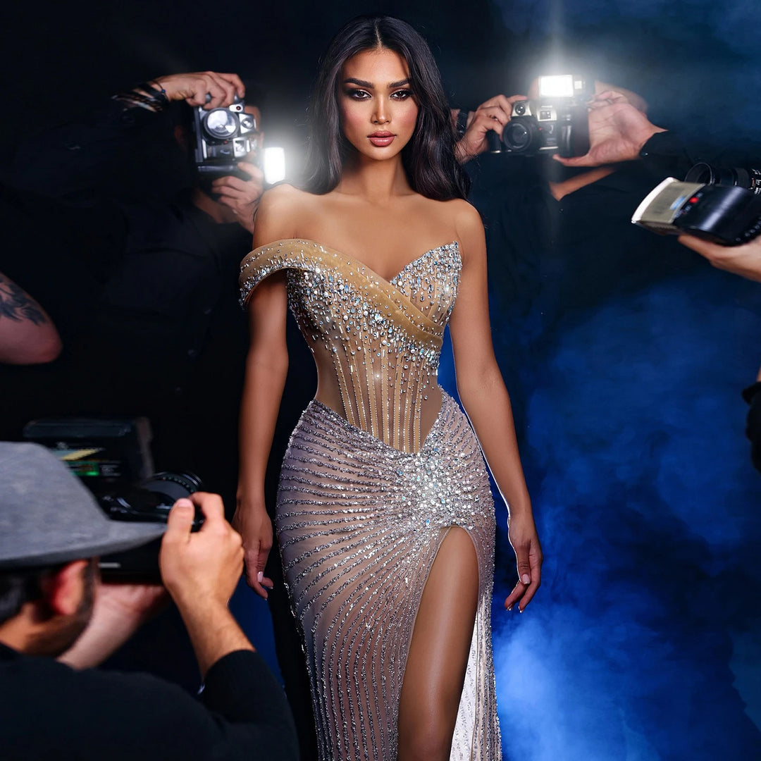 Elegant Silver Crystal Beaded Evening Dress with High Slit SS563