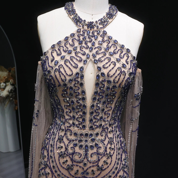 Elegant Beaded Halter Evening Gown with Matching Gloves SS118