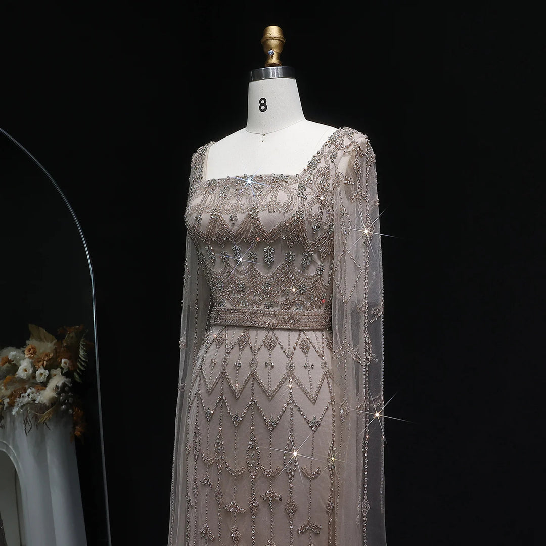 Elegant Beaded Evening Dress with Flowing Cape Sleeves SS089