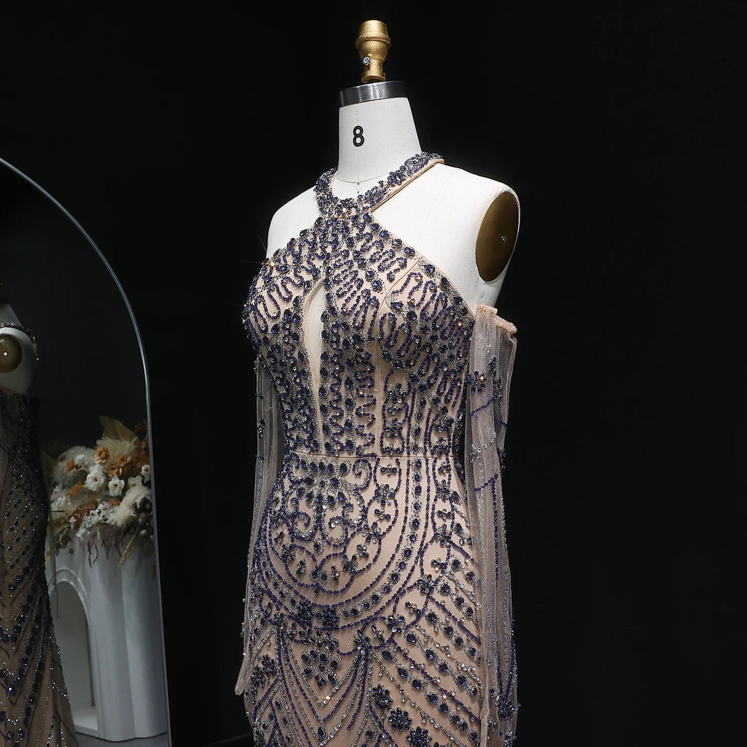 Elegant Beaded Halter Evening Gown with Matching Gloves SS118