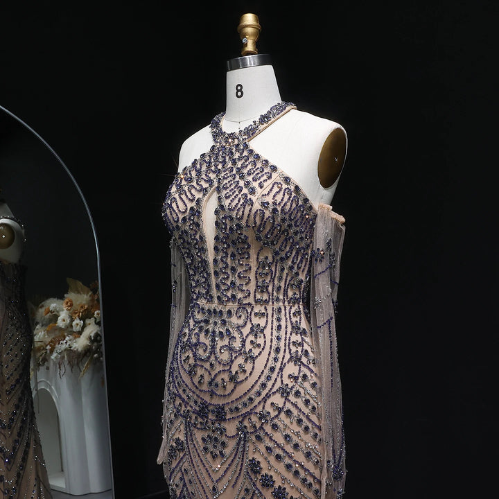 Elegant Beaded Halter Evening Gown with Matching Gloves SS118