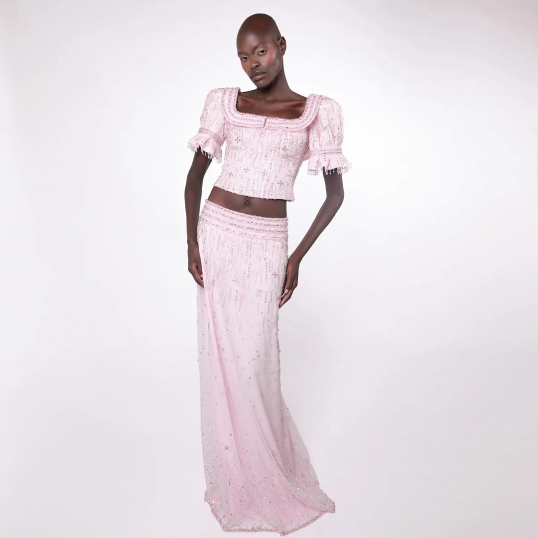 Elegant Pink Sequin Two Piece Evening Dress with Puff Sleeves SS548