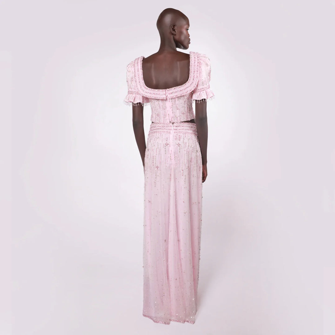 Elegant Pink Sequin Two Piece Evening Dress with Puff Sleeves SS548
