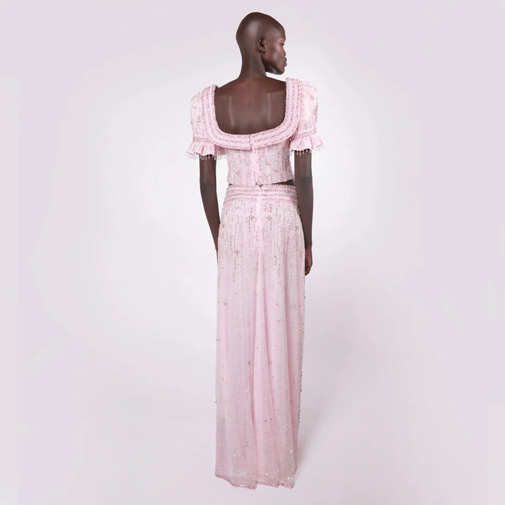 Elegant Pink Sequin Two Piece Evening Dress with Puff Sleeves SS548