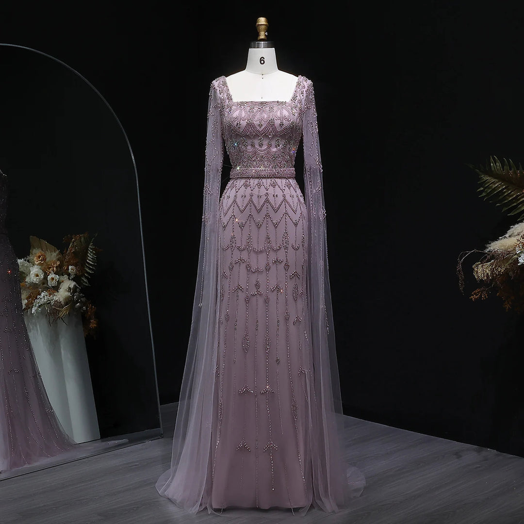 Elegant Beaded Evening Dress with Flowing Cape Sleeves SS089