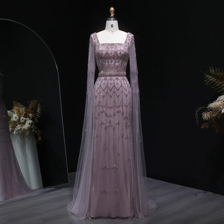 Elegant Beaded Evening Dress with Flowing Cape Sleeves SS089