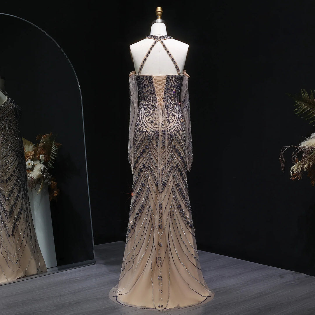 Elegant Beaded Halter Evening Gown with Matching Gloves SS118