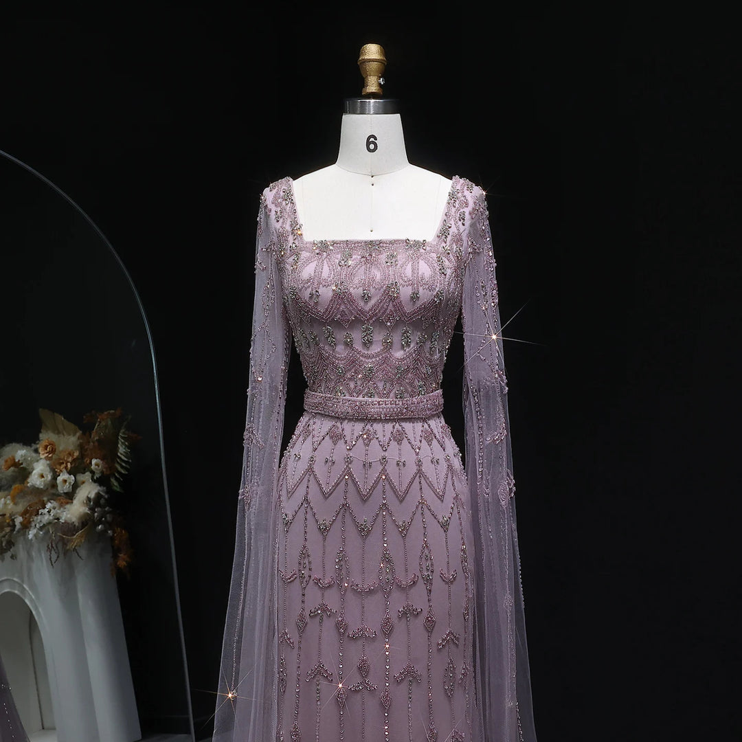 Elegant Beaded Evening Dress with Flowing Cape Sleeves SS089