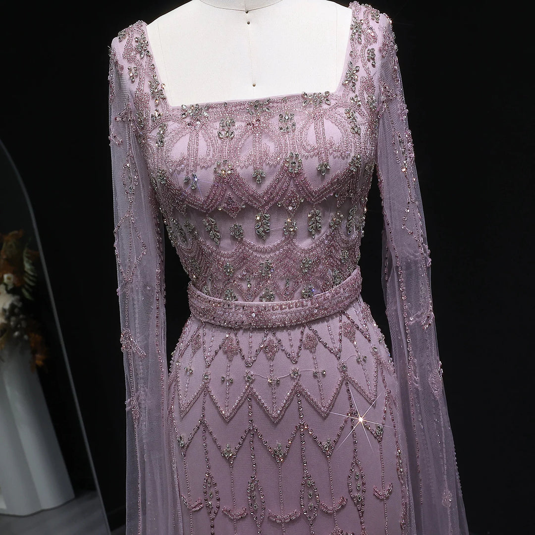 Elegant Beaded Evening Dress with Flowing Cape Sleeves SS089