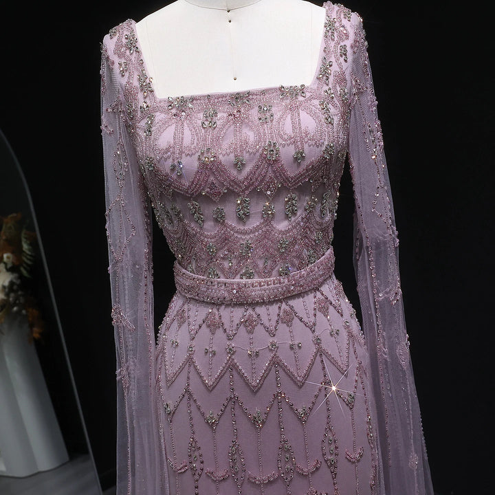 Elegant Beaded Evening Dress with Flowing Cape Sleeves SS089