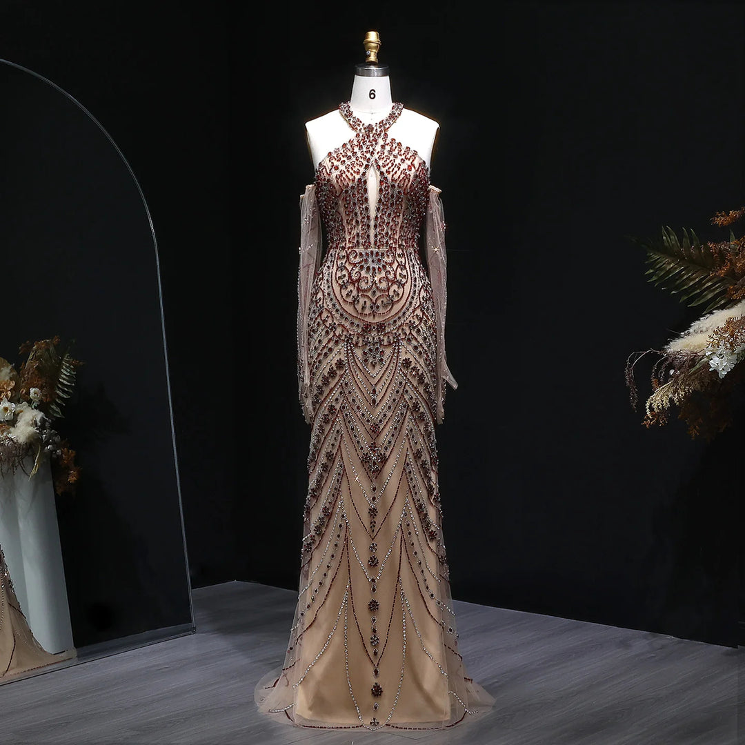 Elegant Beaded Halter Evening Gown with Matching Gloves SS118