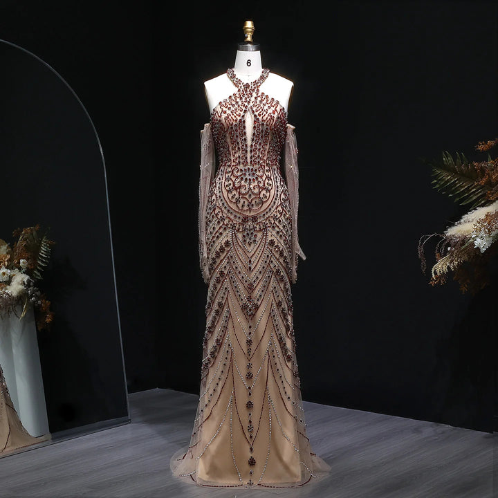 Elegant Beaded Halter Evening Gown with Matching Gloves SS118