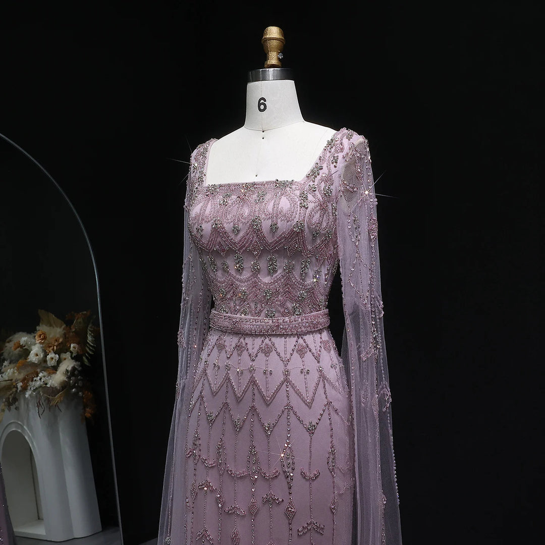 Elegant Beaded Evening Dress with Flowing Cape Sleeves SS089