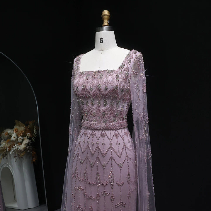 Elegant Beaded Evening Dress with Flowing Cape Sleeves SS089