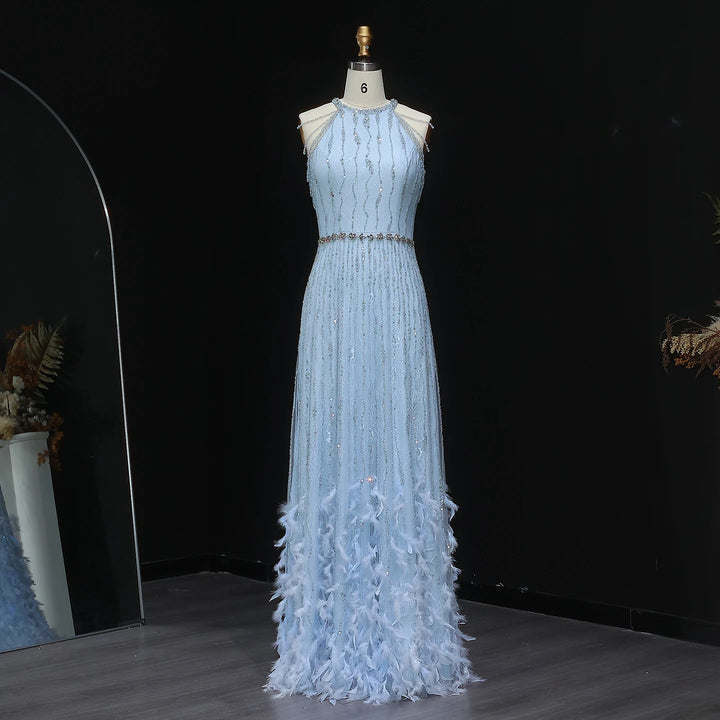 Luxury Feathers Lace Cream Evening Dress SS595