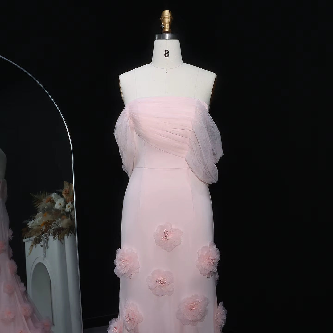 Elegant pink 3D flower off-shoulder evening dress SF383