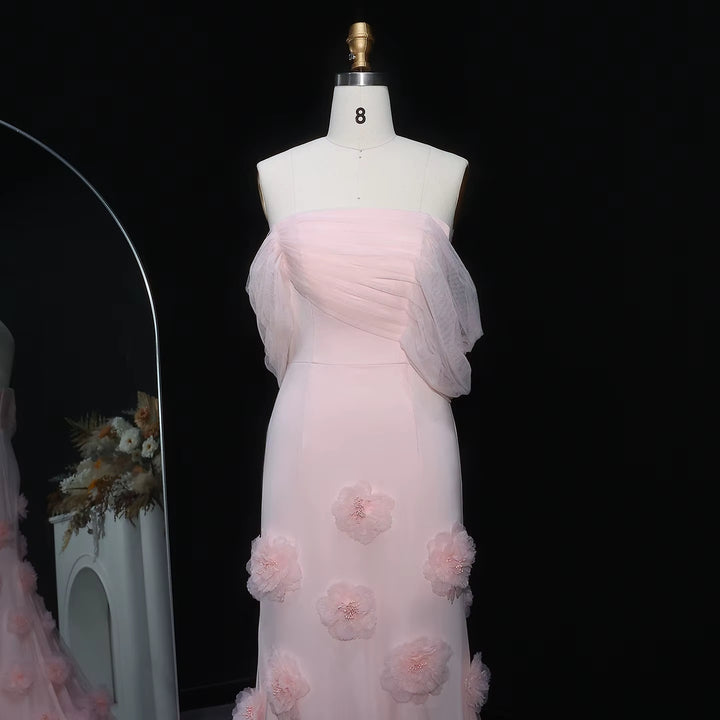 Elegant pink 3D flower off-shoulder evening dress SF383