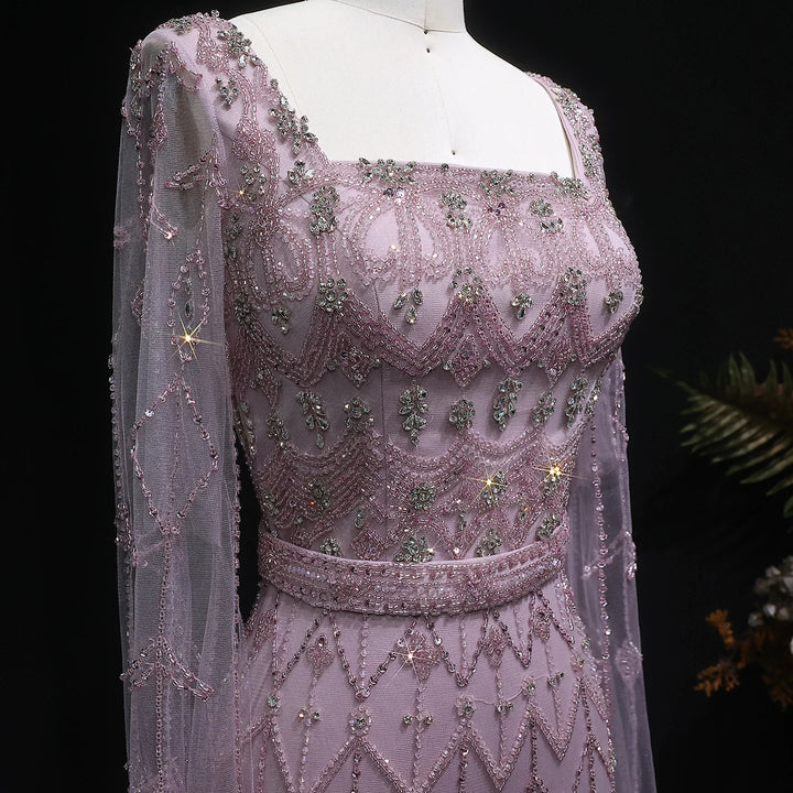 Elegant Beaded Evening Dress with Flowing Cape Sleeves SS089