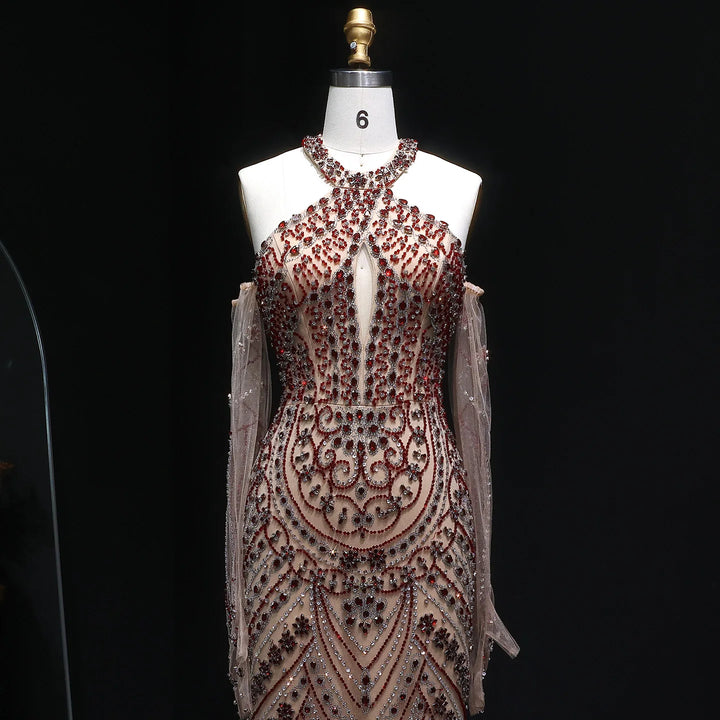 Elegant Beaded Halter Evening Gown with Matching Gloves SS118