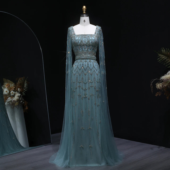 Elegant Beaded Evening Dress with Flowing Cape Sleeves SS089
