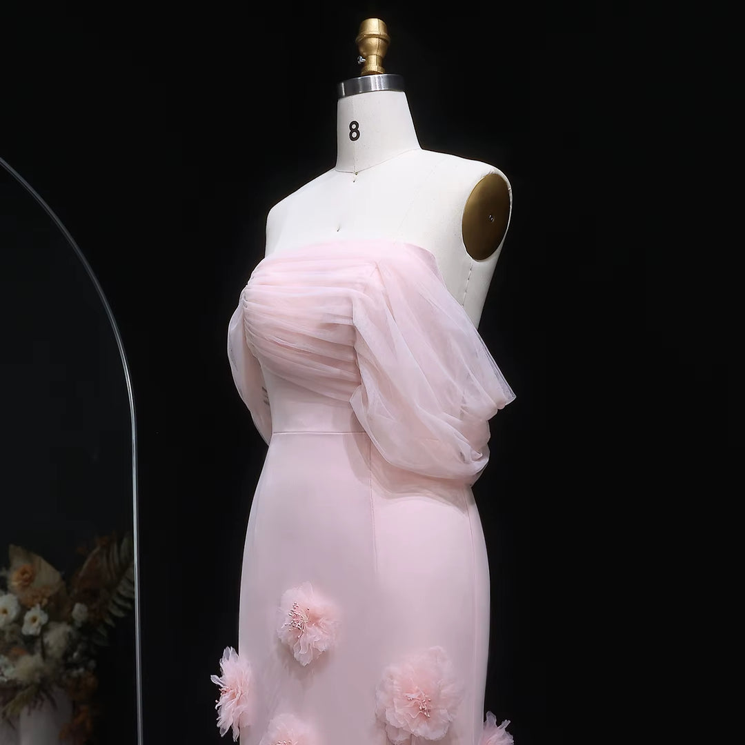 Elegant pink 3D flower off-shoulder evening dress SF383