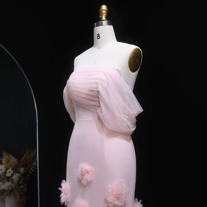 Elegant pink 3D flower off-shoulder evening dress SF383