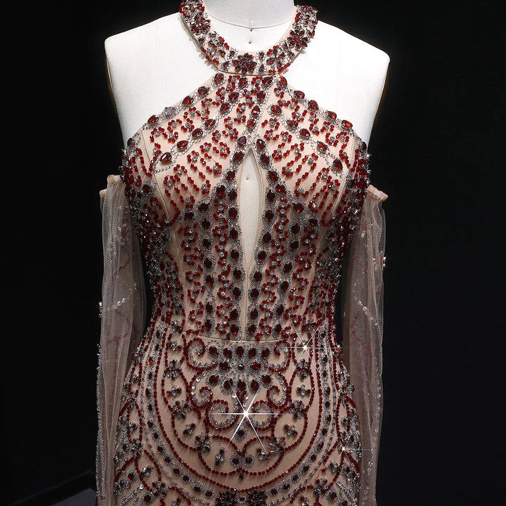 Elegant Beaded Halter Evening Gown with Matching Gloves SS118
