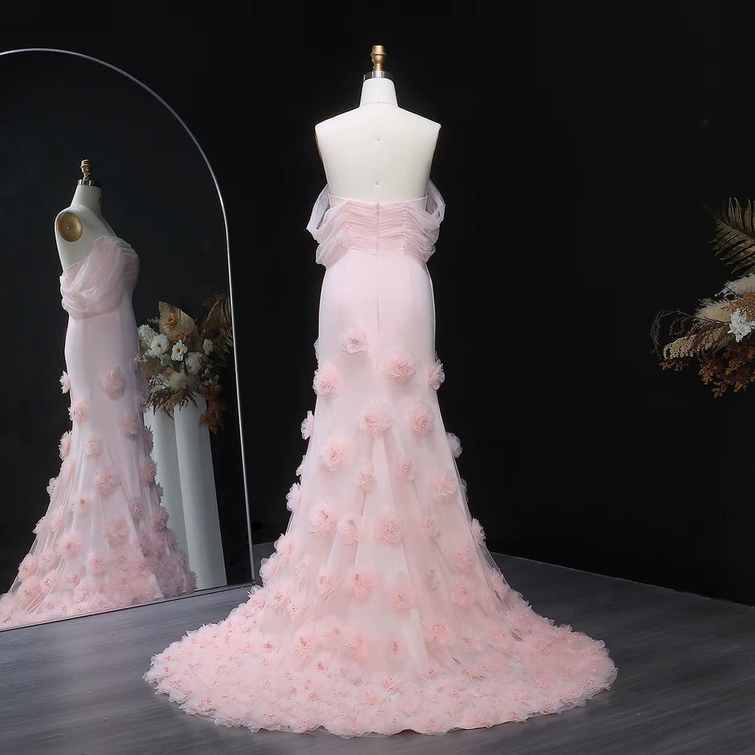Elegant pink 3D flower off-shoulder evening dress SF383