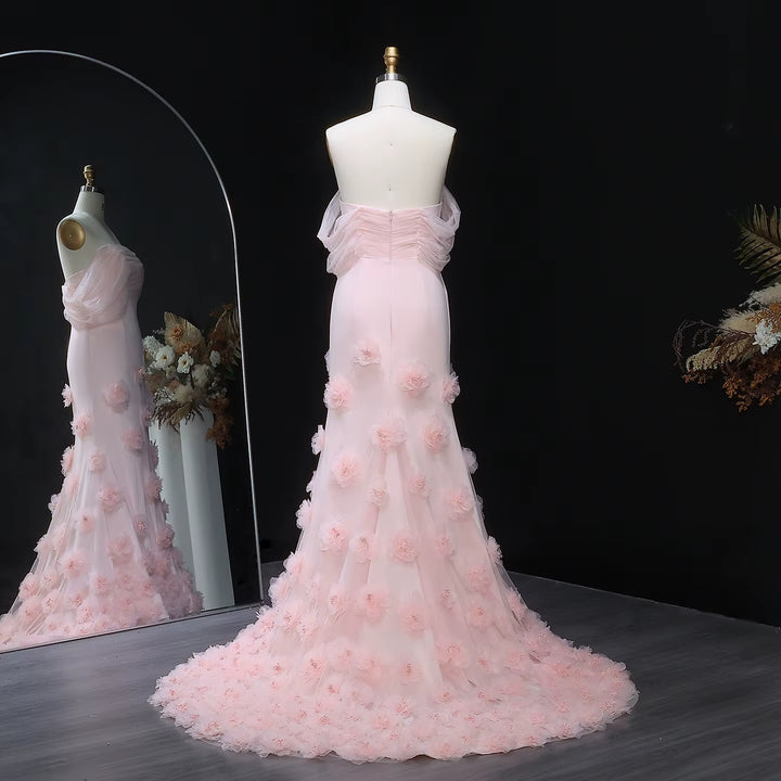 Elegant pink 3D flower off-shoulder evening dress SF383