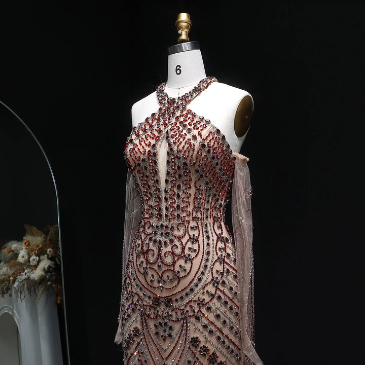 Elegant Beaded Halter Evening Gown with Matching Gloves SS118